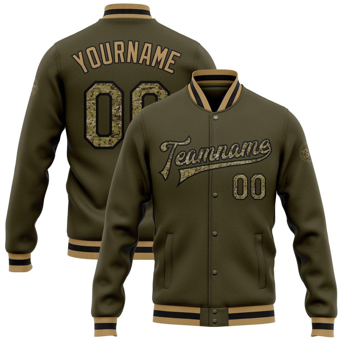Custom Olive Camo Black-Old Gold Bomber Full-Snap Varsity Letterman Salute To Service Jacket photo 1
