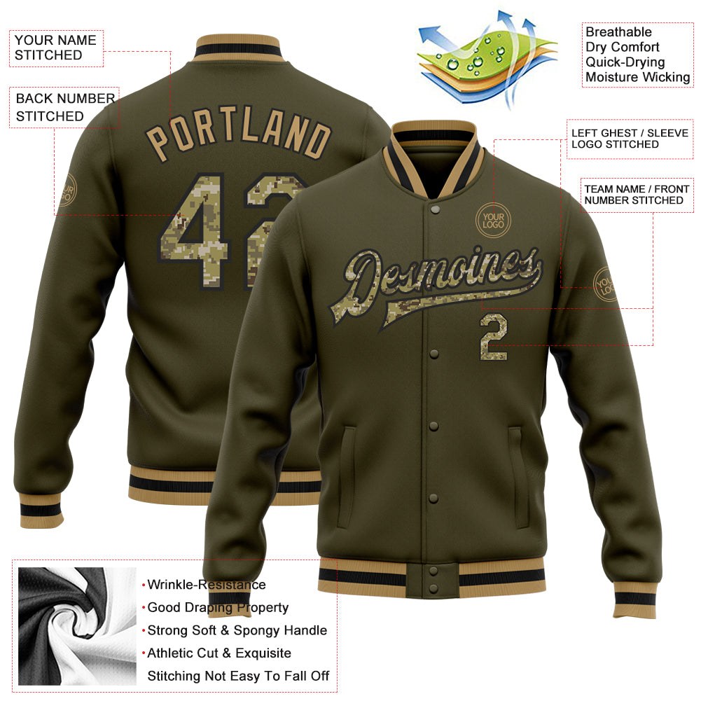 Custom Olive Camo Black-Old Gold Bomber Full-Snap Varsity Letterman Salute To Service Jacket photo 5