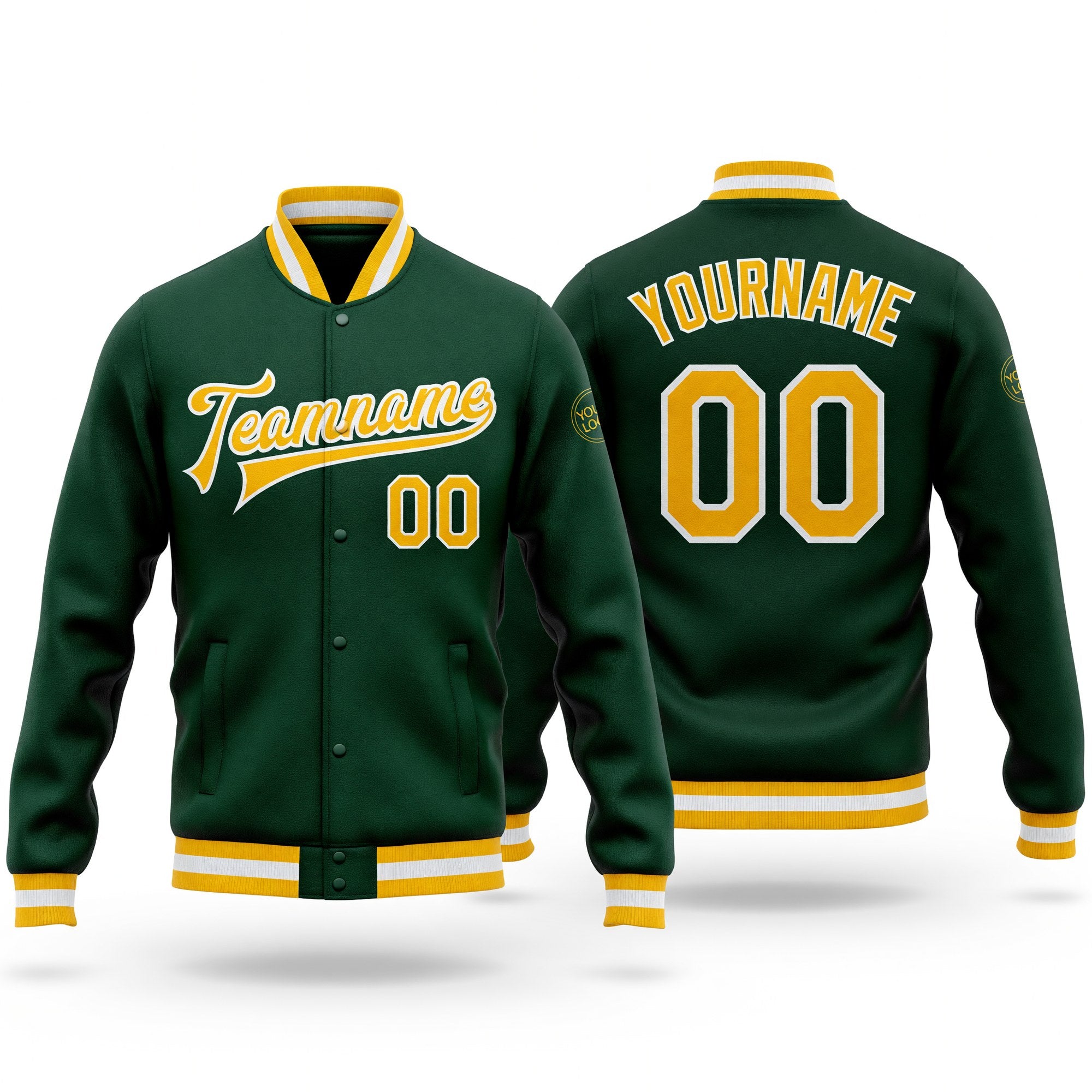 Custom Green Gold-White Bomber Full-Snap Varsity Letterman Jacket