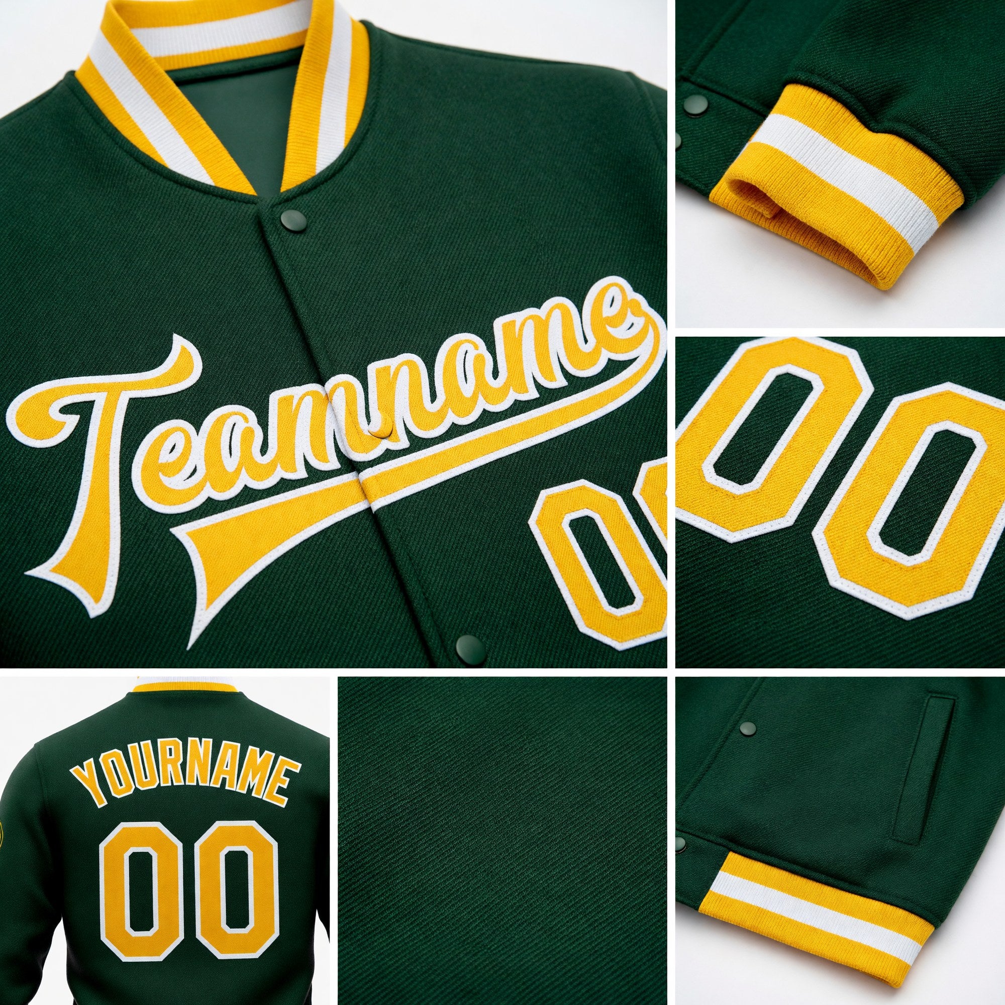 Custom Green Gold-White Bomber Full-Snap Varsity Letterman Jacket detail
