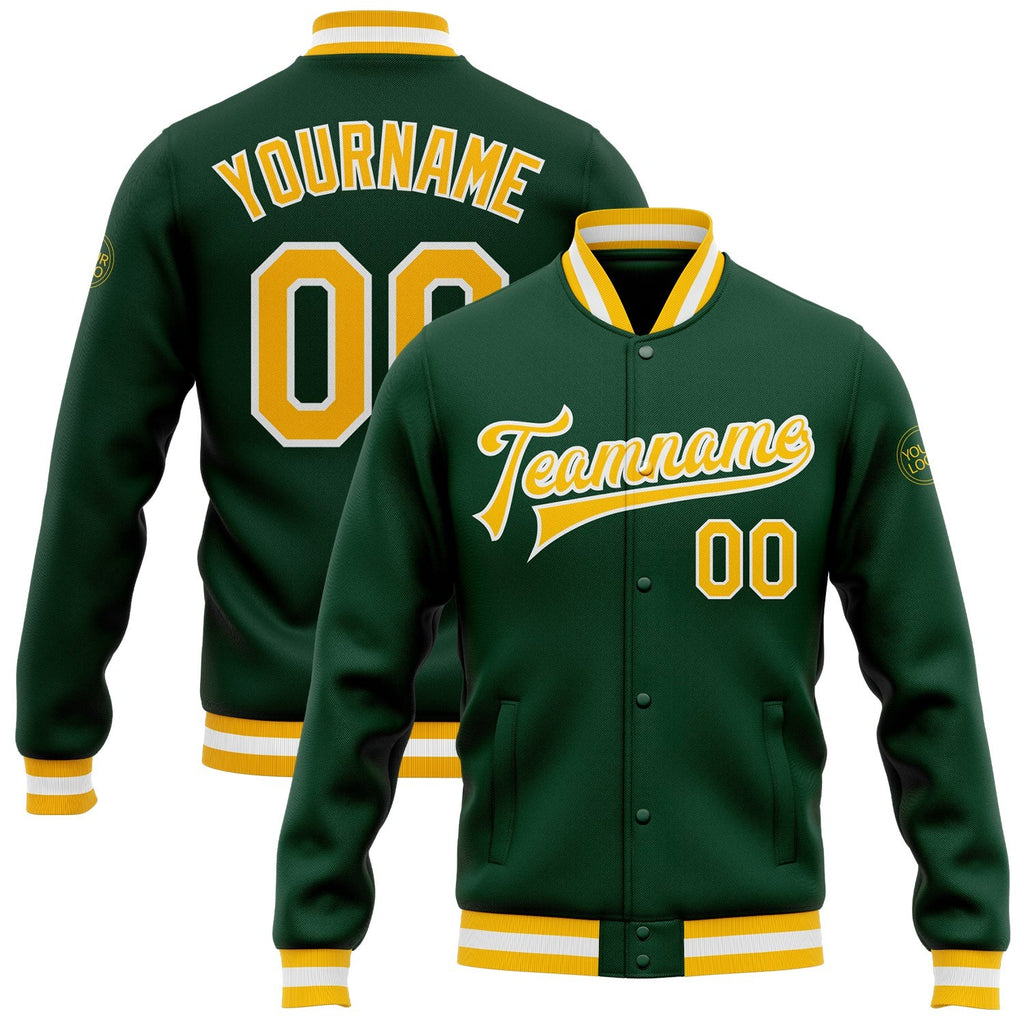 Custom Green Gold-White Bomber Full-Snap Varsity Letterman Jacket photo 1