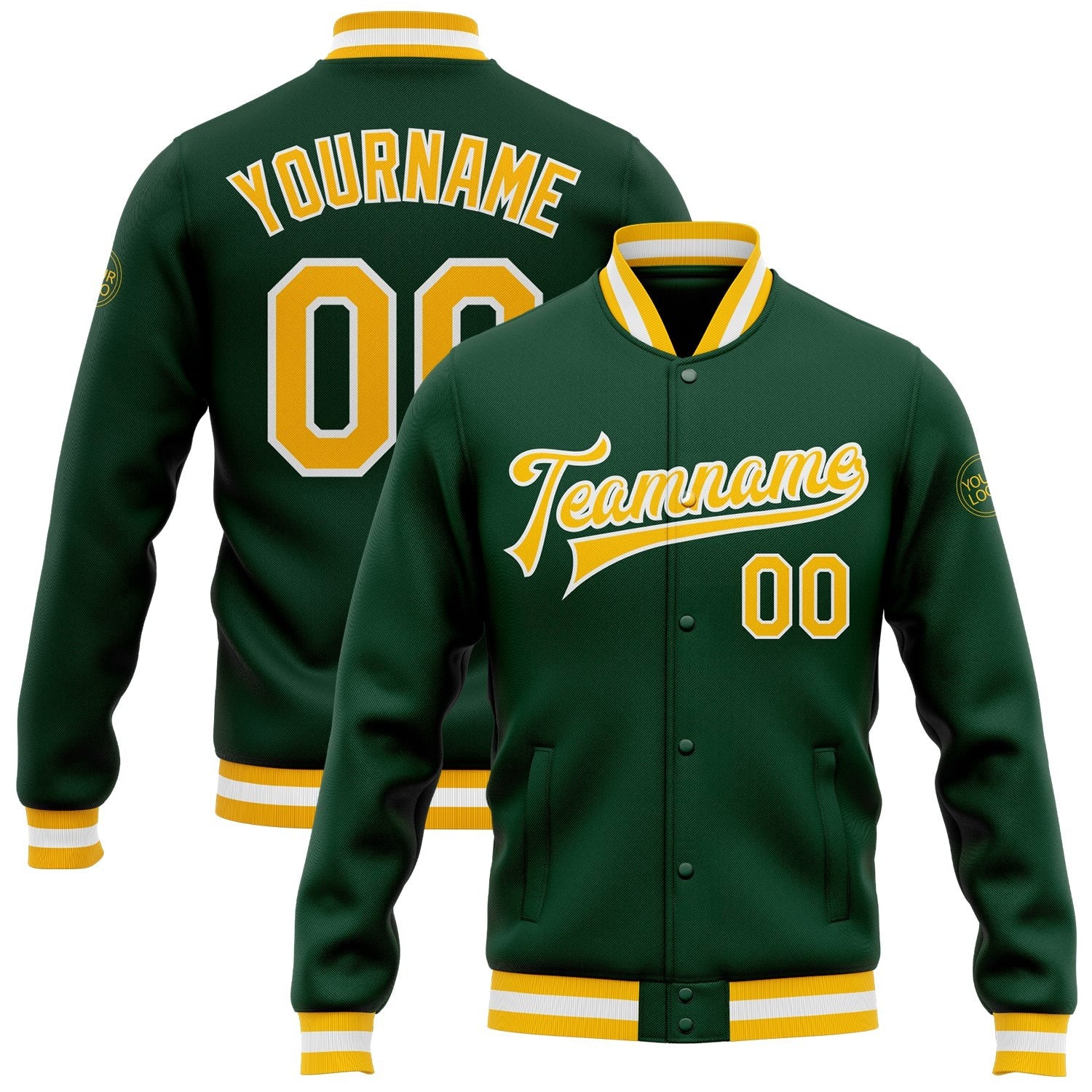 Custom Green Gold-White Bomber Full-Snap Varsity Letterman Jacket photo 1