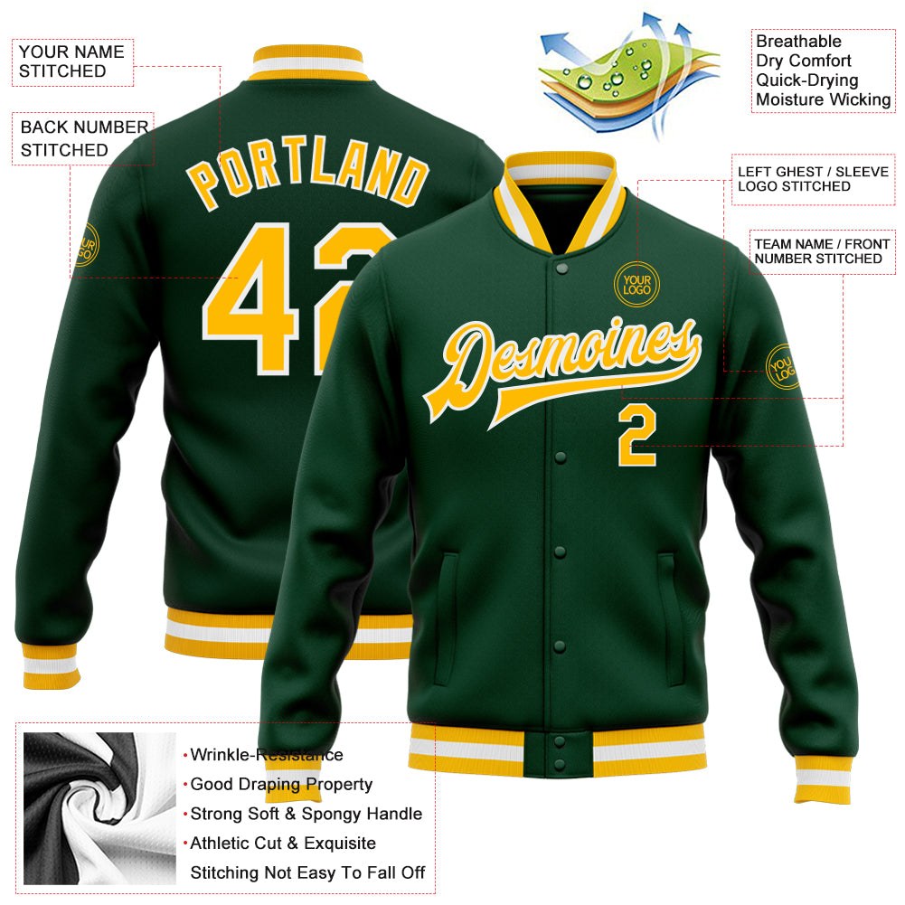 Custom Green Gold-White Bomber Full-Snap Varsity Letterman Jacket photo 5