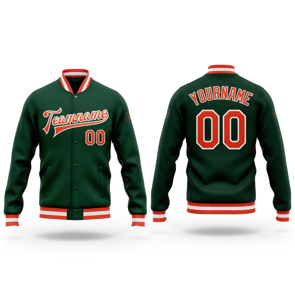 Custom Green Orange-White Bomber Full-Snap Varsity Letterman Jacket