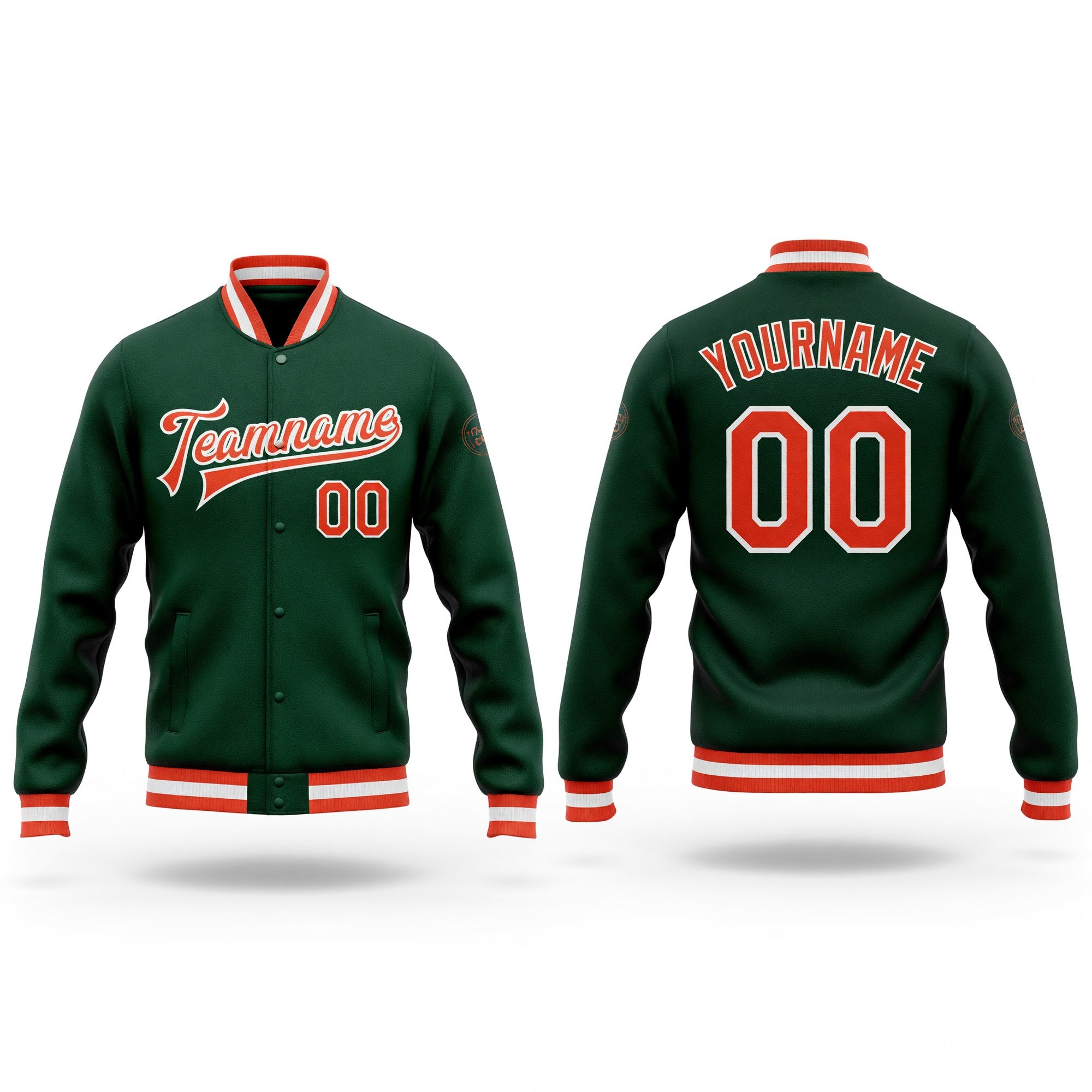 Custom Green Orange-White Bomber Full-Snap Varsity Letterman Jacket