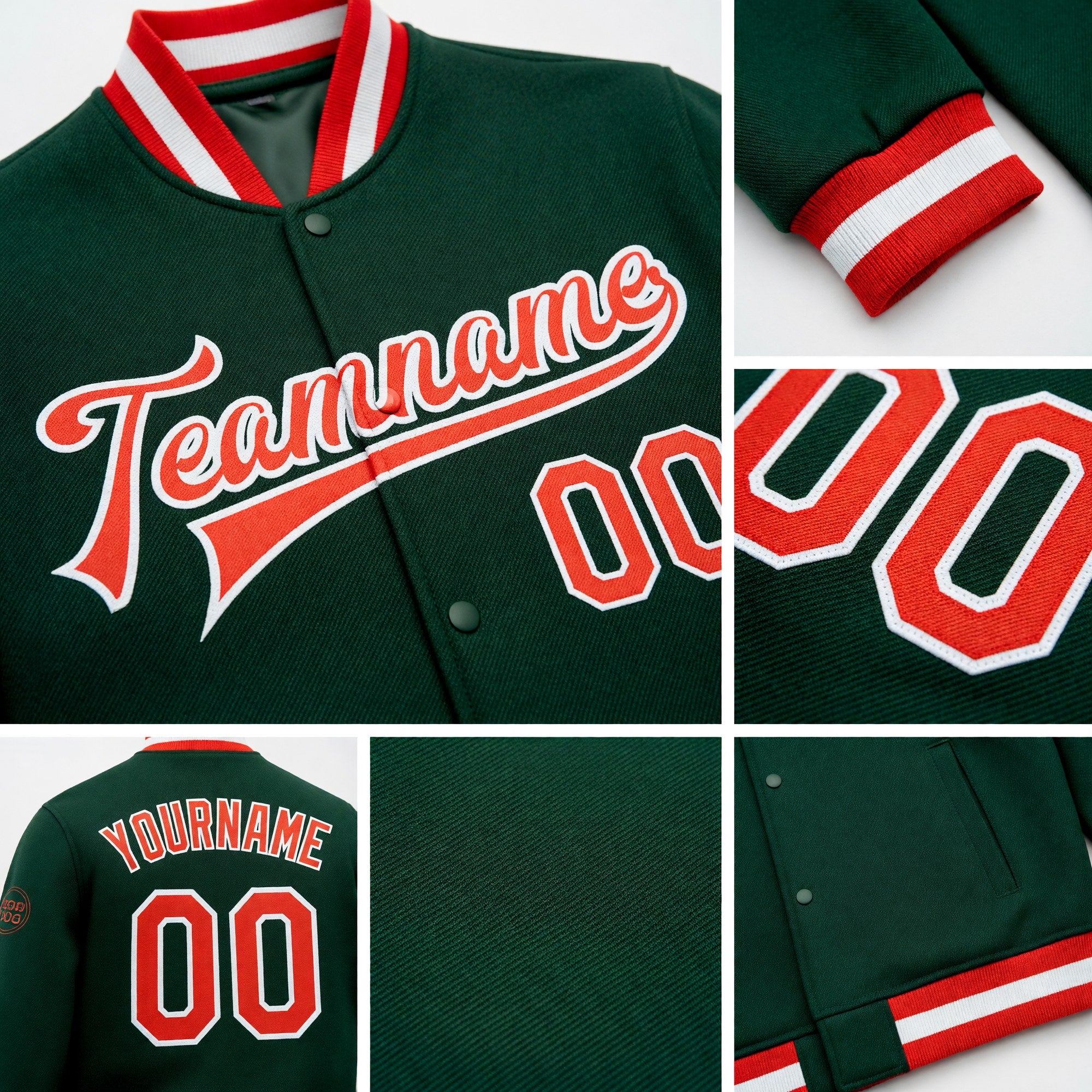 Custom Green Orange-White Bomber Full-Snap Varsity Letterman Jacket detail