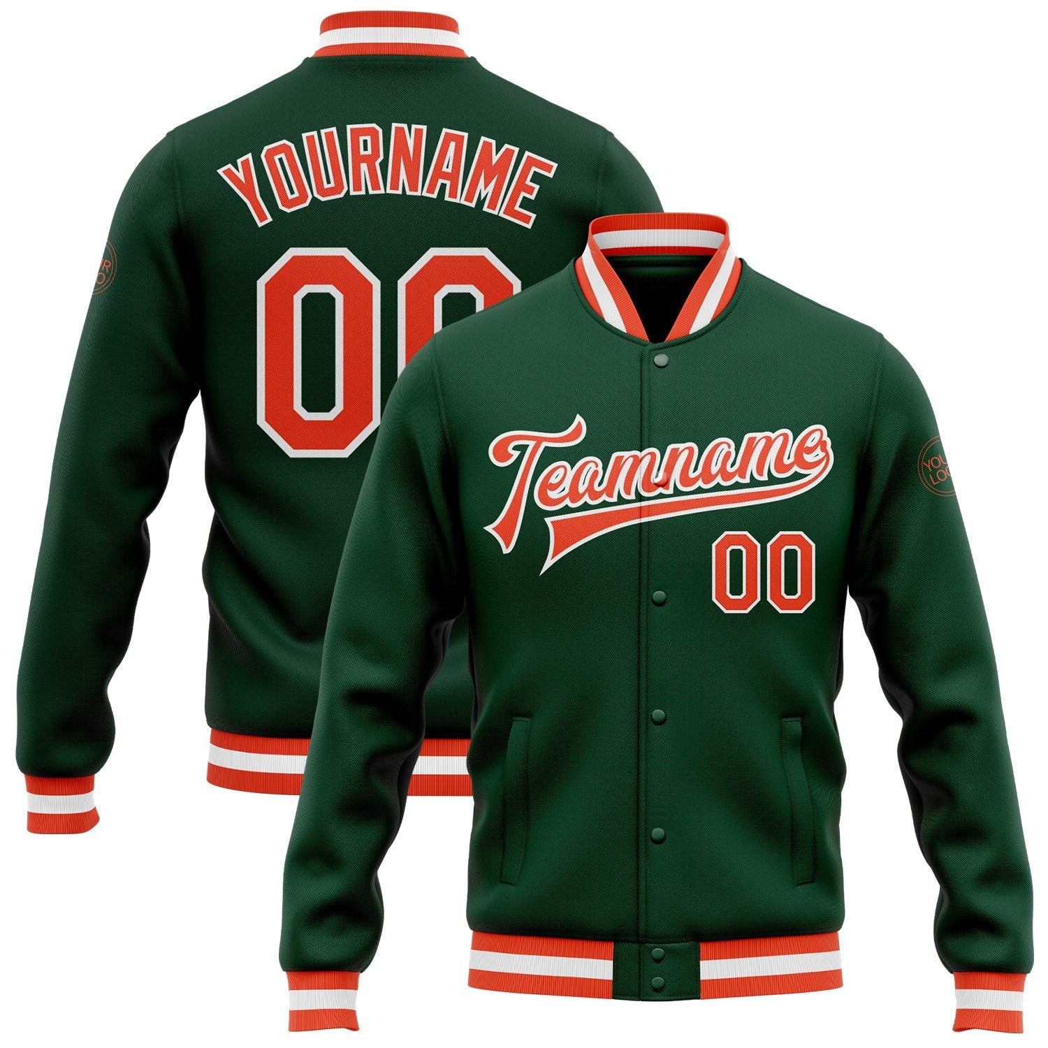 Custom Green Orange-White Bomber Full-Snap Varsity Letterman Jacket photo 1
