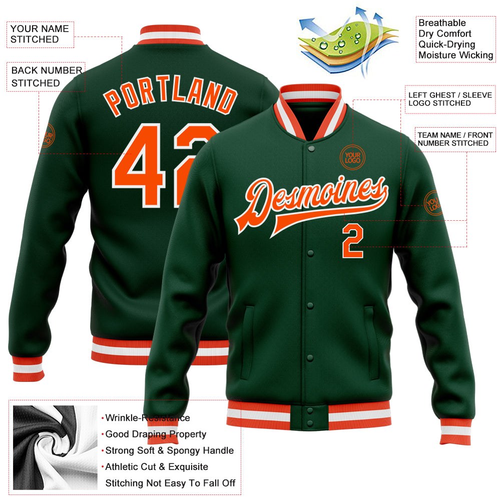 Custom Green Orange-White Bomber Full-Snap Varsity Letterman Jacket photo 5