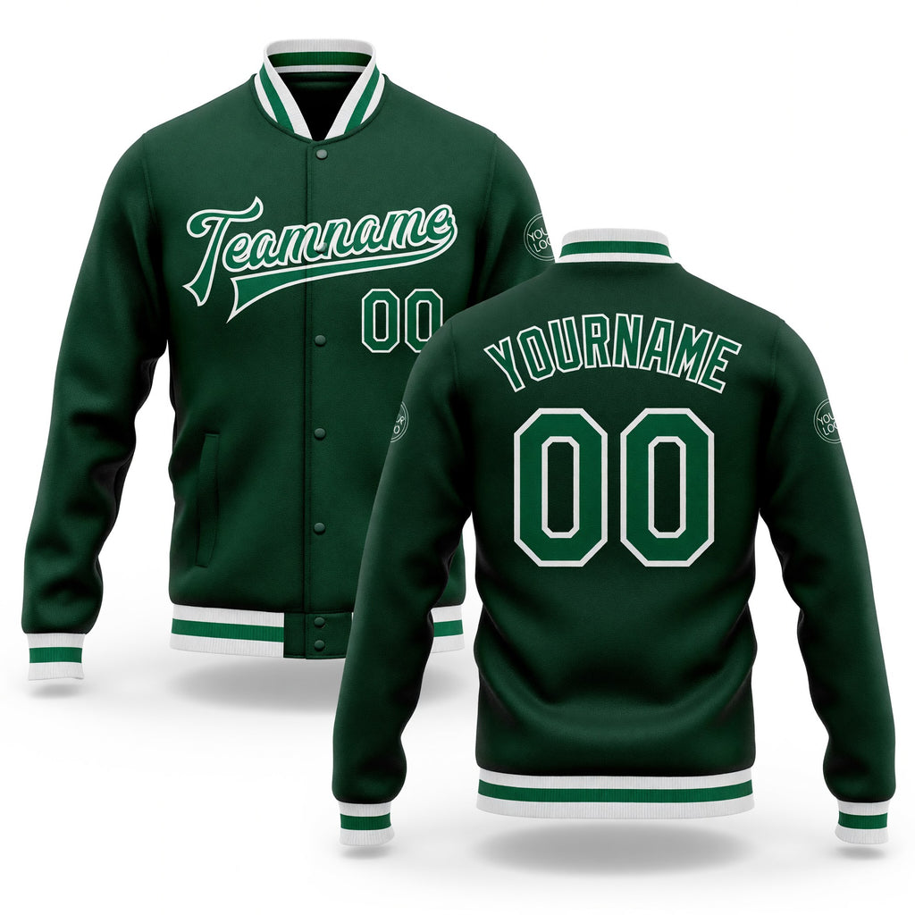 Custom Green Kelly Green-White Bomber Full-Snap Varsity Letterman Jacket
