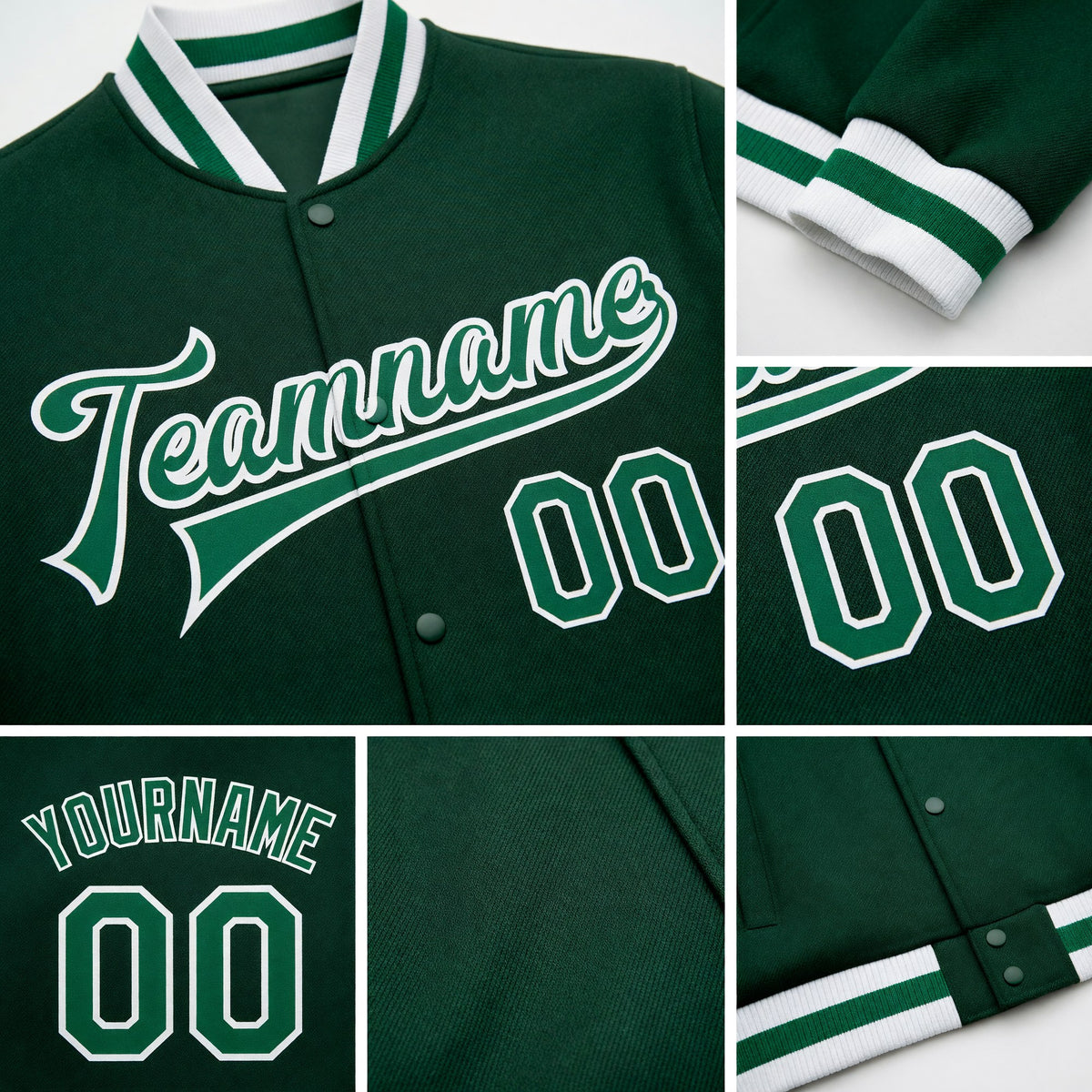 Custom Green Kelly Green-White Bomber Full-Snap Varsity Letterman Jacket detail