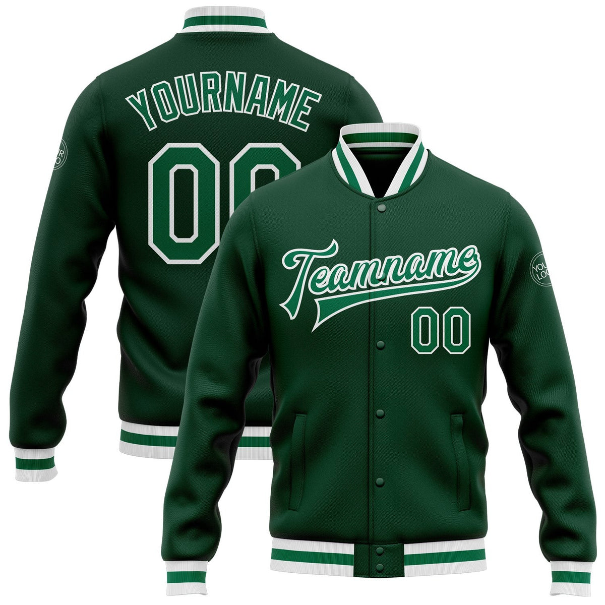 Custom Green Kelly Green-White Bomber Full-Snap Varsity Letterman Jacket photo 1