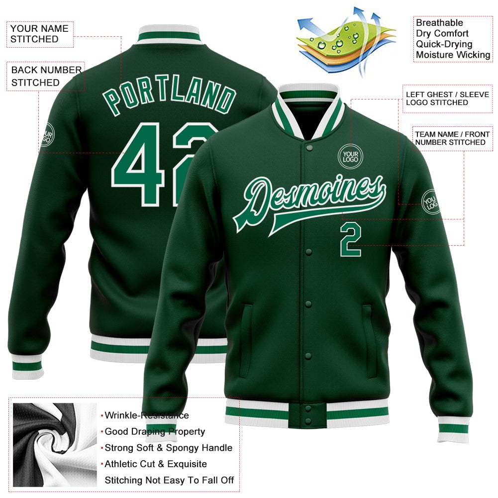 Custom Green Kelly Green-White Bomber Full-Snap Varsity Letterman Jacket photo 5