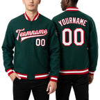 Custom Green White-Red Bomber Full-Snap Varsity Letterman Jacket worn front and back