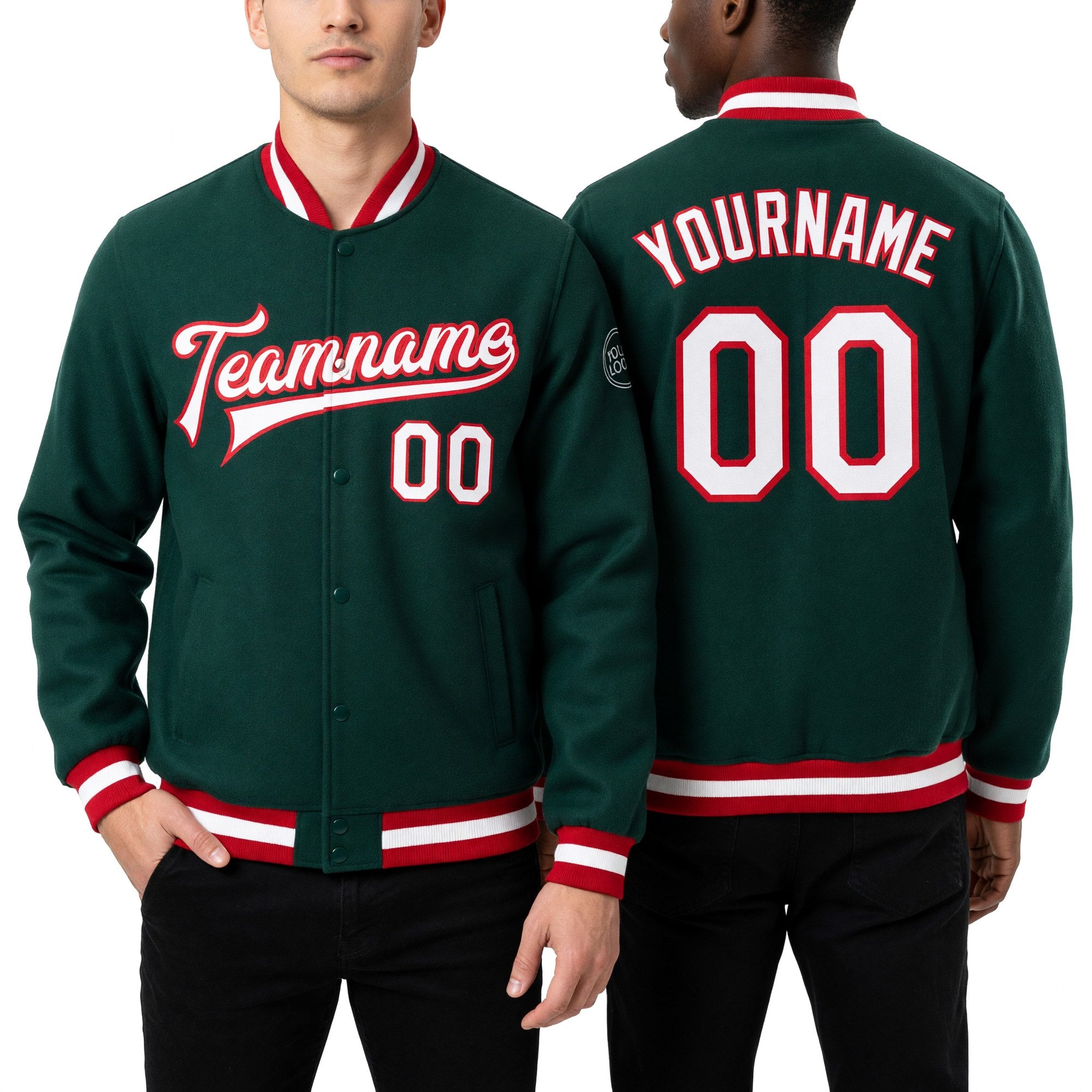 Custom Green White-Red Bomber Full-Snap Varsity Letterman Jacket worn front and back