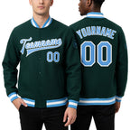 Custom Green Light Blue-White Bomber Full-Snap Varsity Letterman Jacket worn front and back