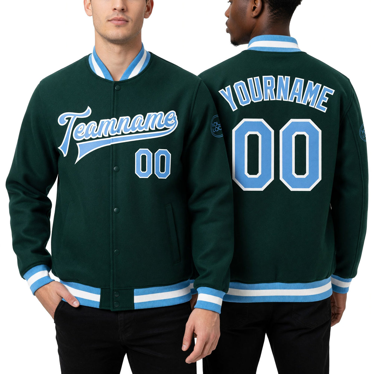Custom Green Light Blue-White Bomber Full-Snap Varsity Letterman Jacket worn front and back