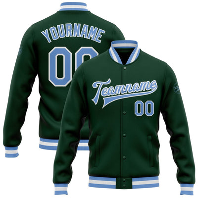 Custom Green Full Snap Bomber Varsity Jacket with Light Blue and White Accents