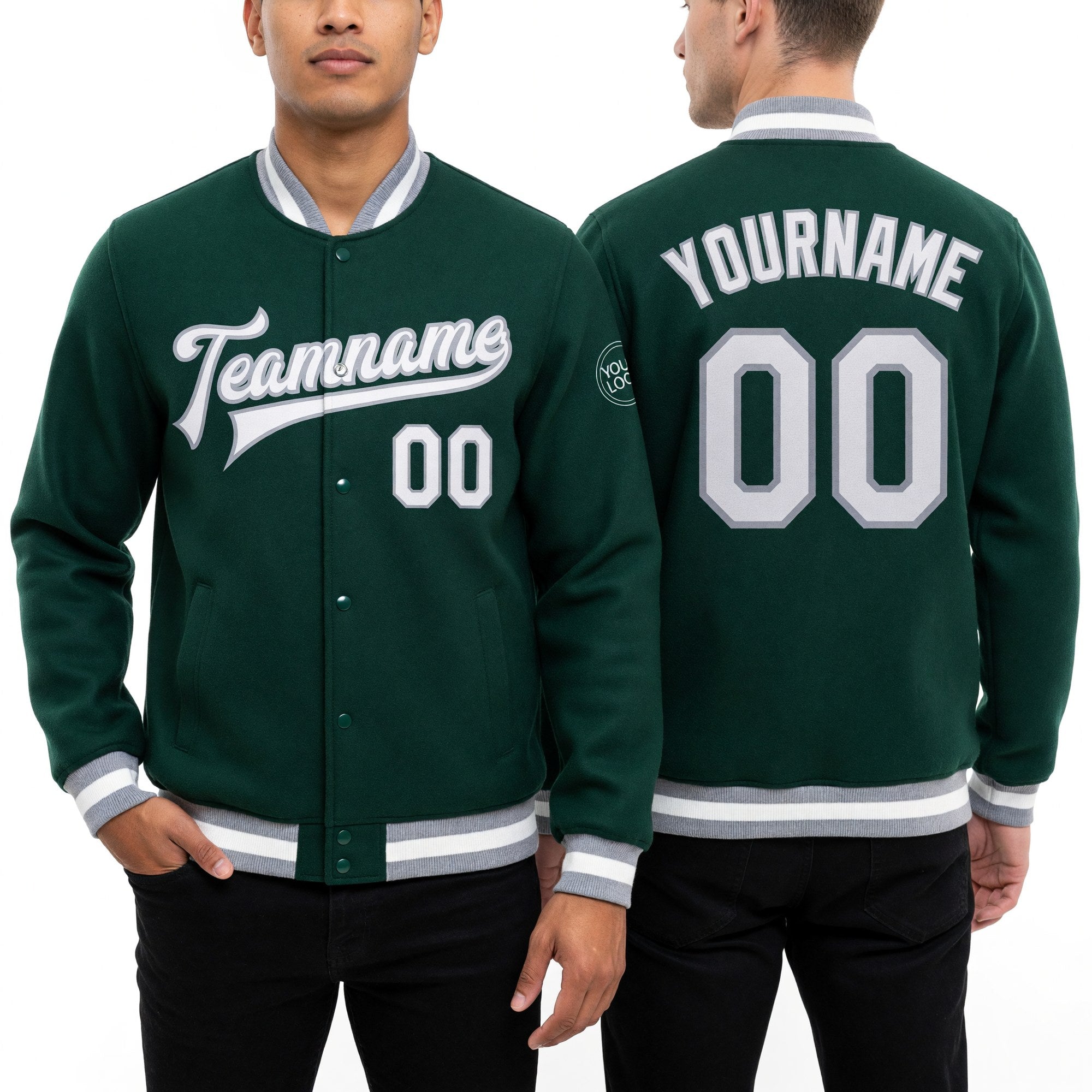 Custom Green White-Gray Bomber Full-Snap Varsity Letterman Jacket worn front and back
