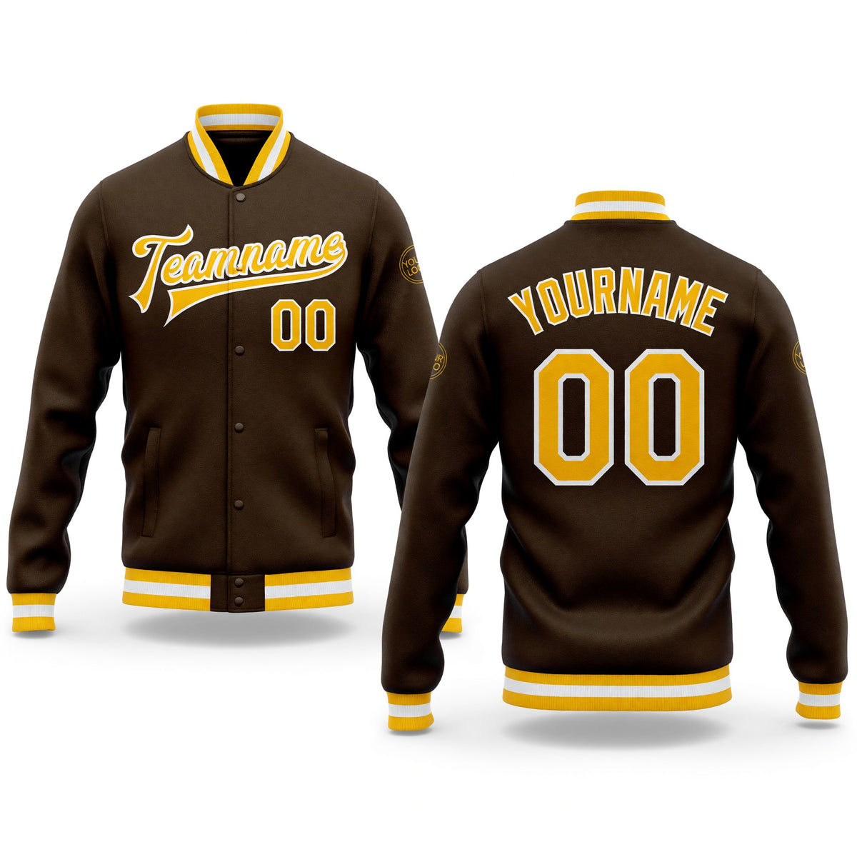 Custom Brown Gold-White Bomber Full-Snap Varsity Letterman Jacket