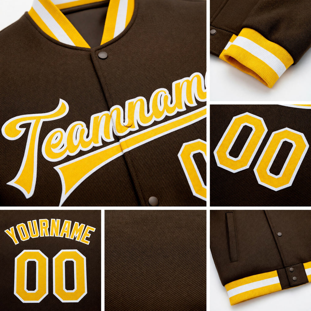 Custom Brown Gold-White Bomber Full-Snap Varsity Letterman Jacket detail