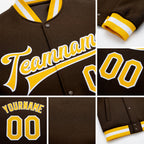 Custom Brown Gold-White Bomber Full-Snap Varsity Letterman Jacket detail