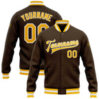 Custom Brown Gold-White Bomber Full-Snap Varsity Letterman Jacket photo 1