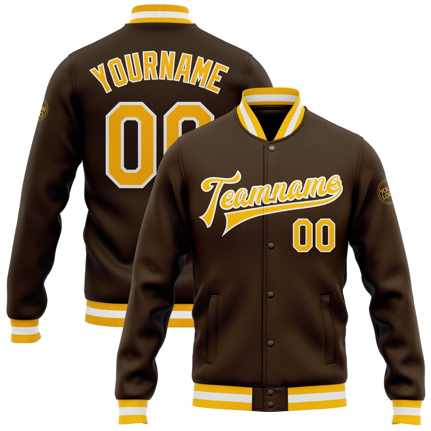 Custom Brown Gold-White Bomber Full-Snap Varsity Letterman Jacket photo 1