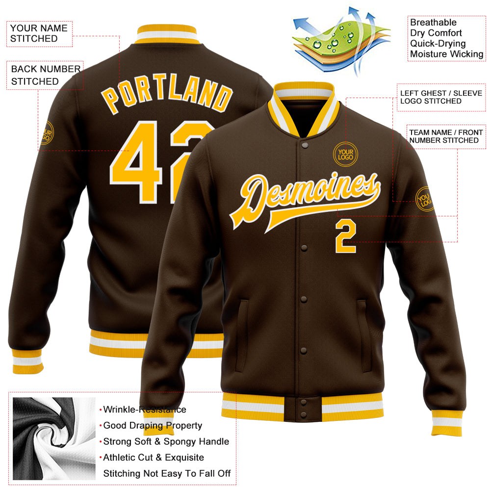Custom Brown Gold-White Bomber Full-Snap Varsity Letterman Jacket photo 5