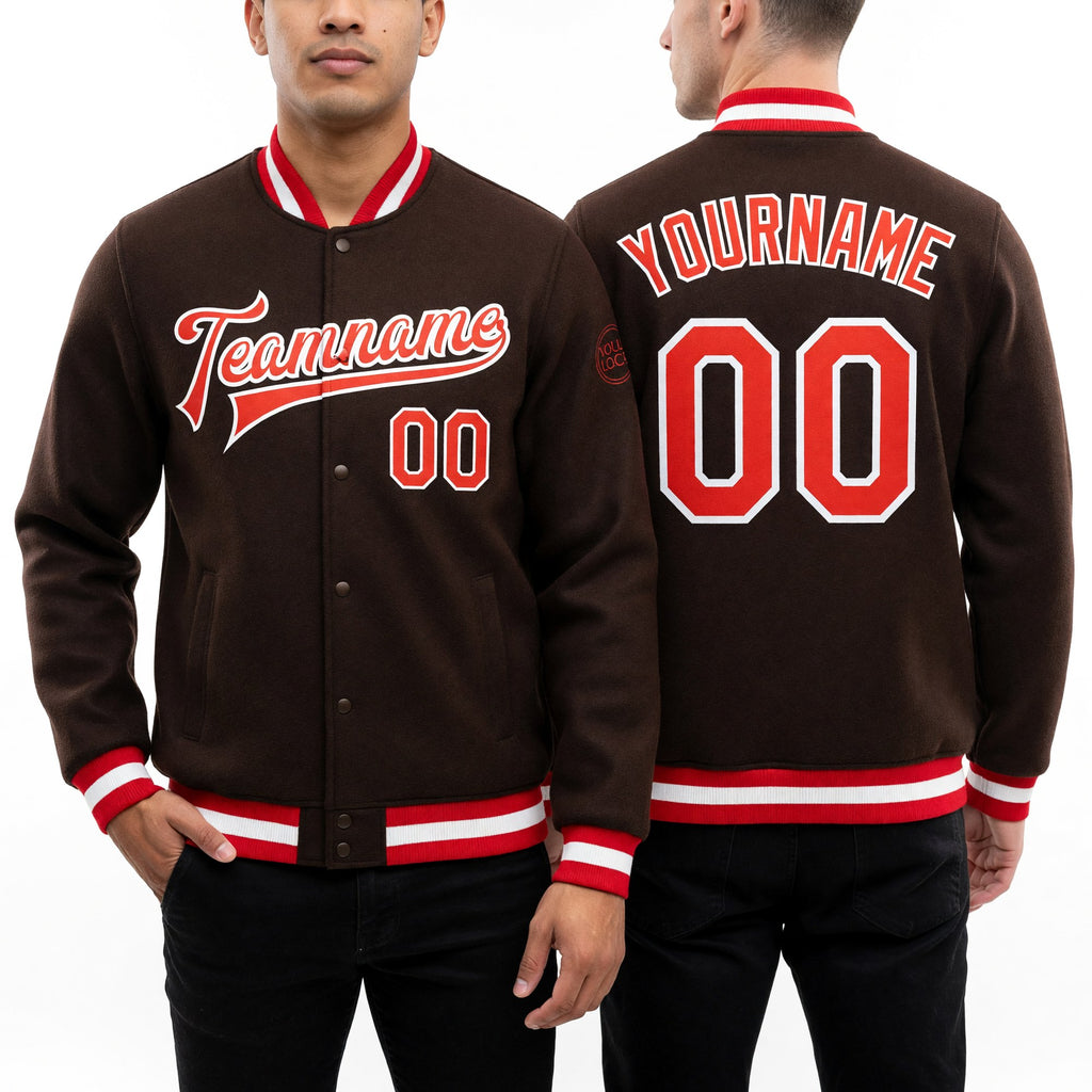 Custom Brown Orange-White Bomber Full-Snap Varsity Letterman Jacket worn front and back