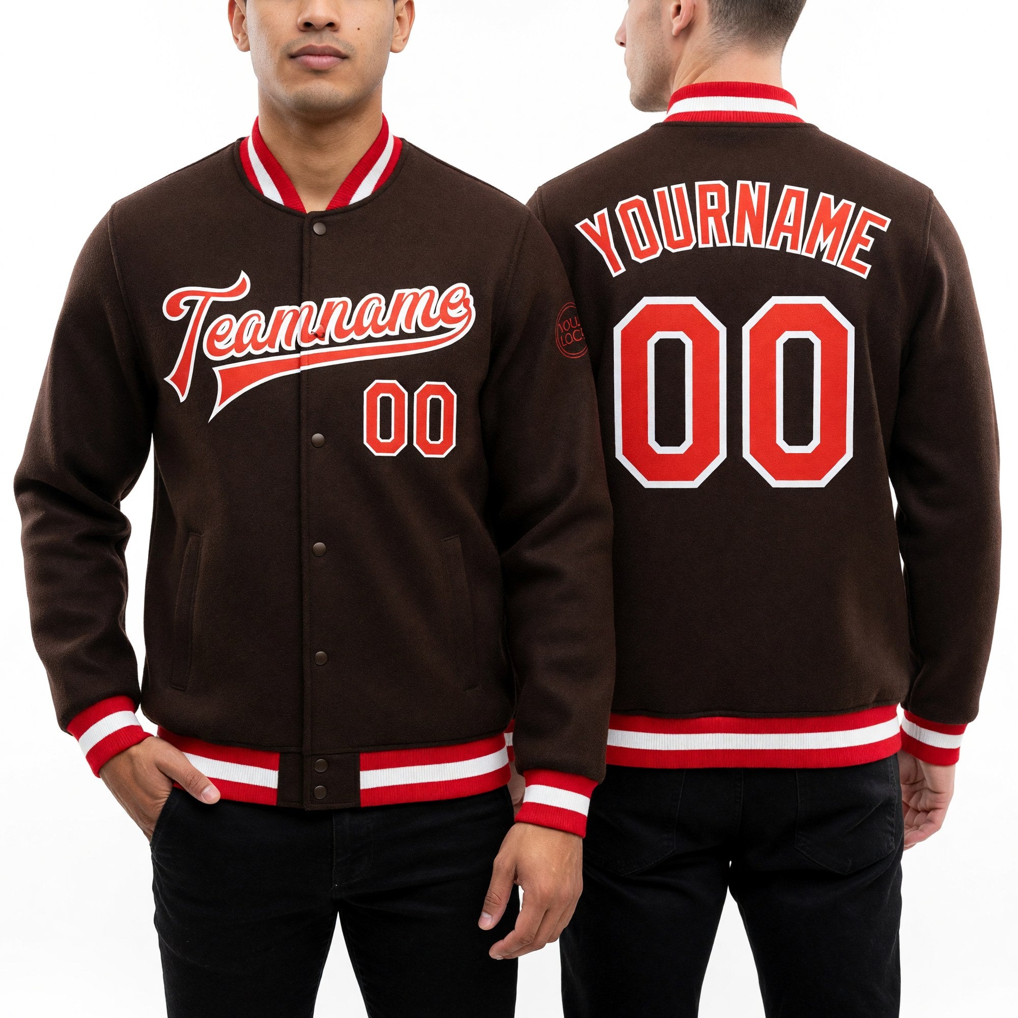 Custom Brown Orange-White Bomber Full-Snap Varsity Letterman Jacket worn front and back