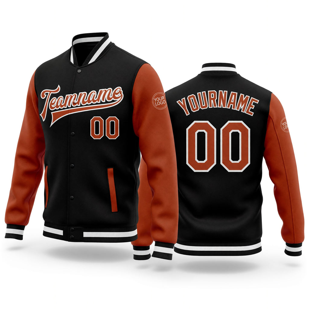 Custom Black Texas Orange-White Bomber Full-Snap Varsity Letterman Two Tone Jacket