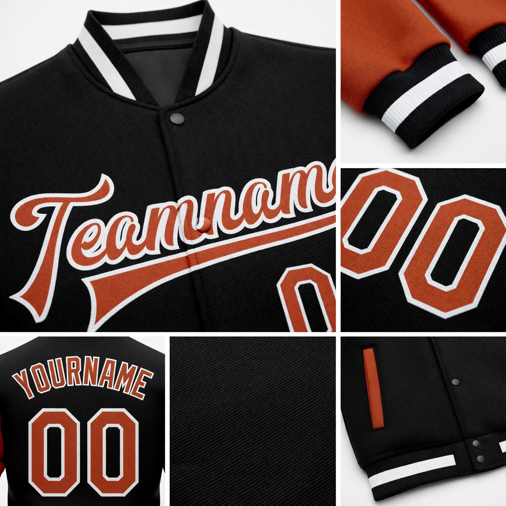 Custom Black Texas Orange-White Bomber Full-Snap Varsity Letterman Two Tone Jacket detail
