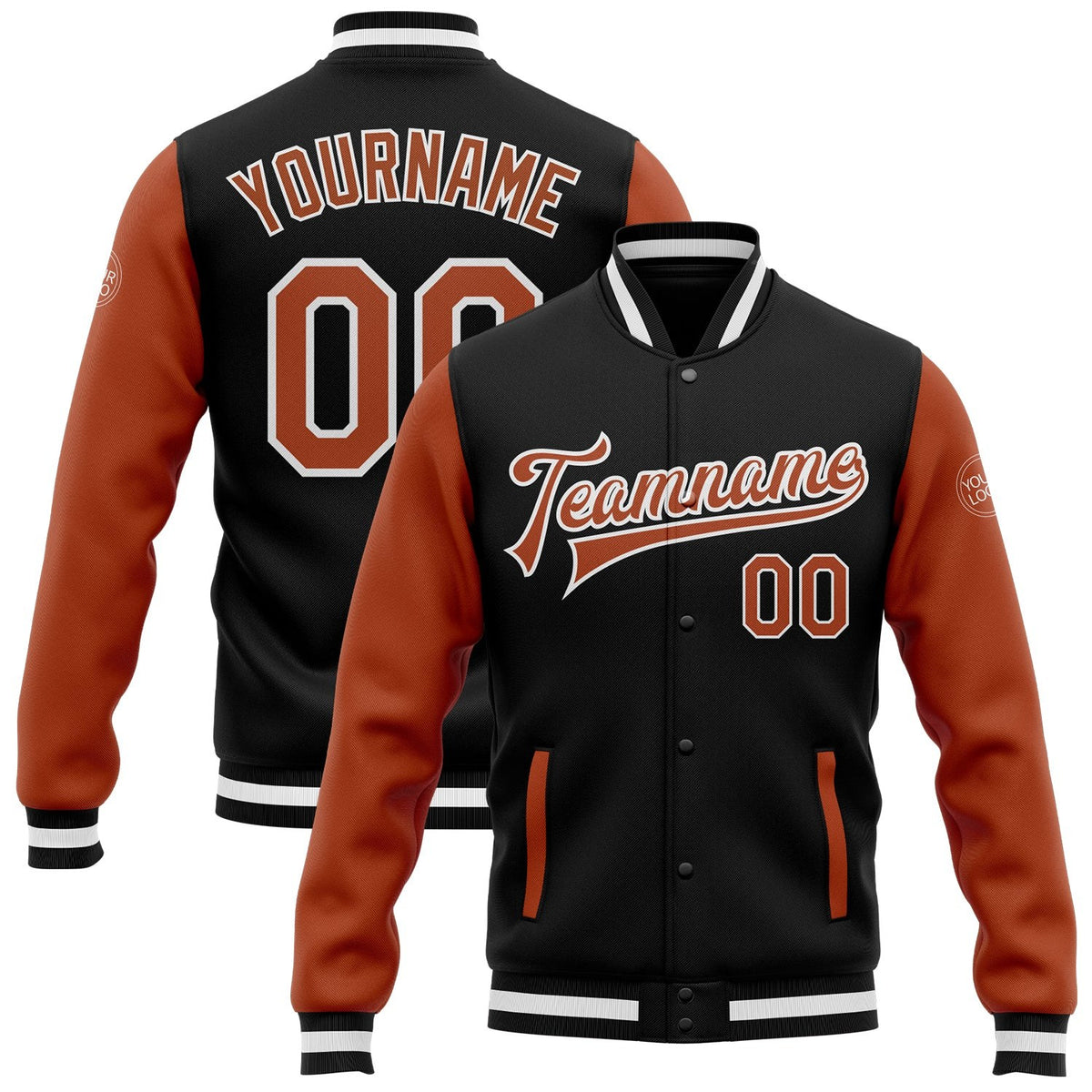 Custom Black Texas Orange-White Bomber Full-Snap Varsity Letterman Two Tone Jacket photo 1