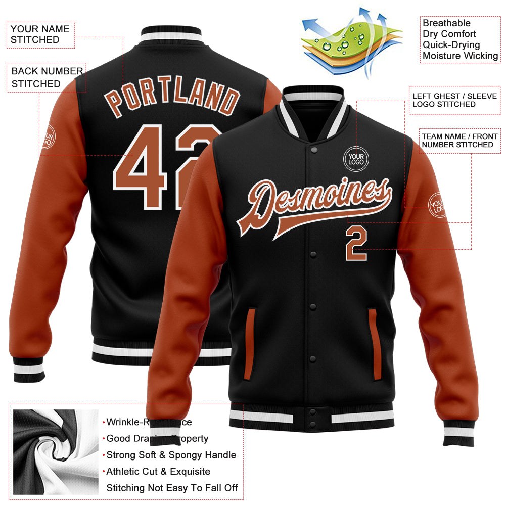 Custom Black Texas Orange-White Bomber Full-Snap Varsity Letterman Two Tone Jacket photo 5