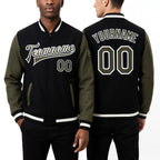 Custom Black Olive-White Bomber Full-Snap Varsity Letterman Two Tone Jacket worn front and back