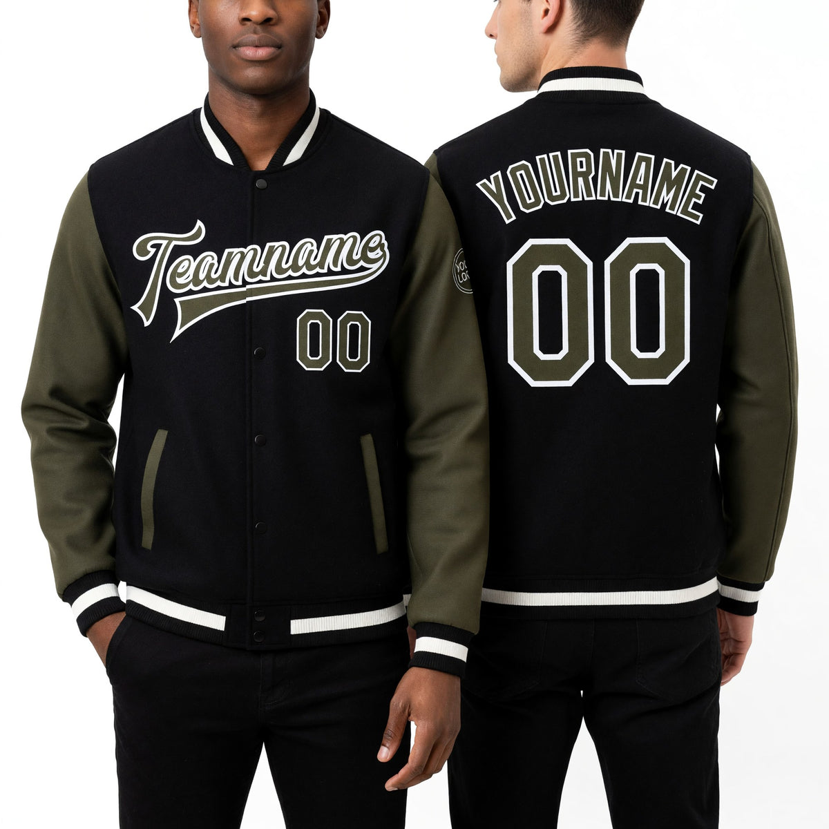 Custom Black Olive-White Bomber Full-Snap Varsity Letterman Two Tone Jacket worn front and back