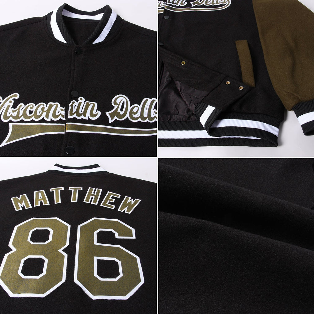 Custom Black Olive-White Bomber Full-Snap Varsity Letterman Two Tone Jacket photo 4