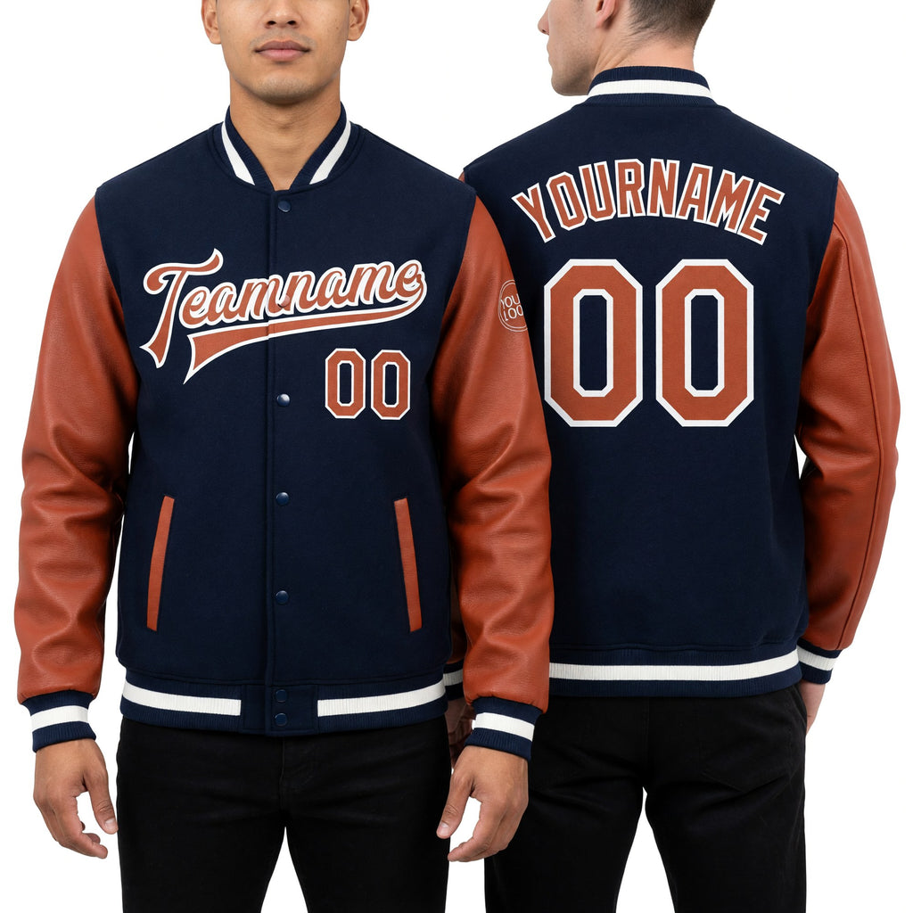 Custom Navy Texas Orange-White Bomber Full-Snap Varsity Letterman Two Tone Jacket worn front and back