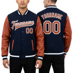 Custom Navy Texas Orange-White Bomber Full-Snap Varsity Letterman Two Tone Jacket worn front and back