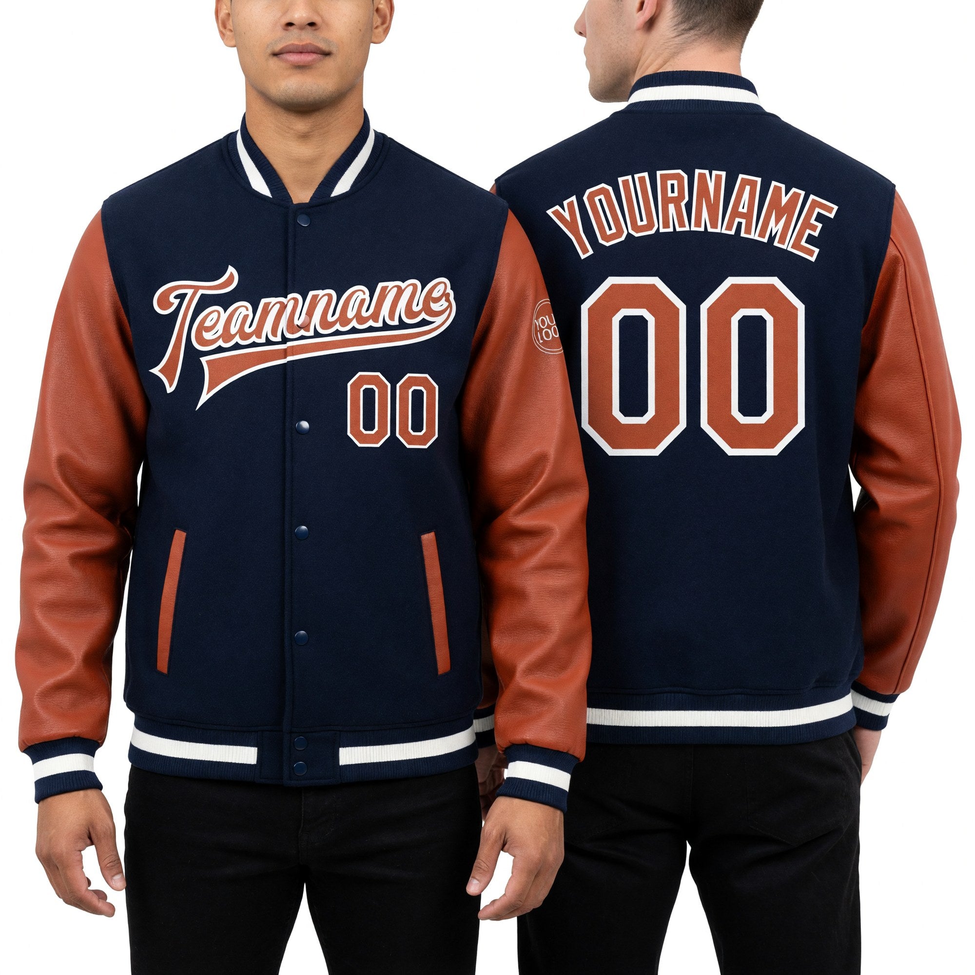 Custom Navy Texas Orange-White Bomber Full-Snap Varsity Letterman Two Tone Jacket worn front and back