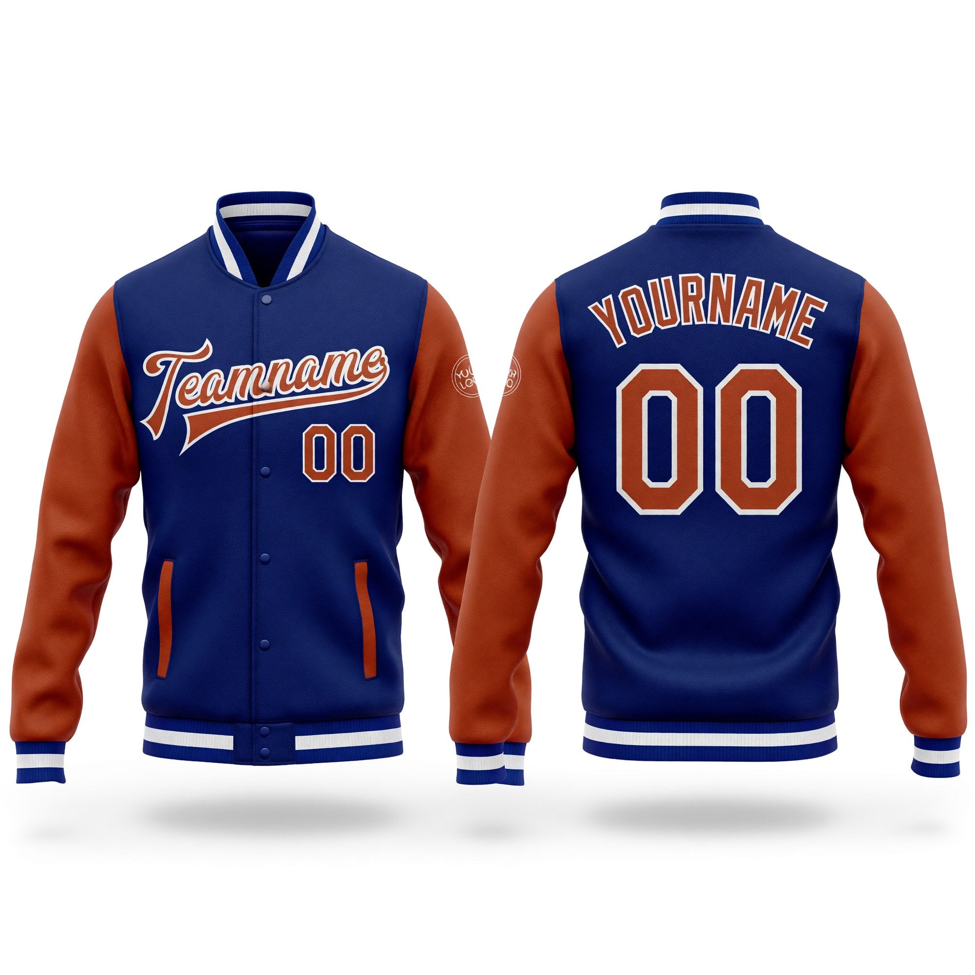 Custom Royal Texas Orange-White Bomber Full-Snap Varsity Letterman Two Tone Jacket