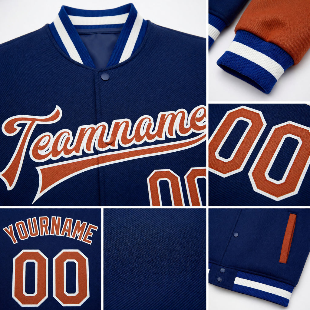 Custom Royal Texas Orange-White Bomber Full-Snap Varsity Letterman Two Tone Jacket detail