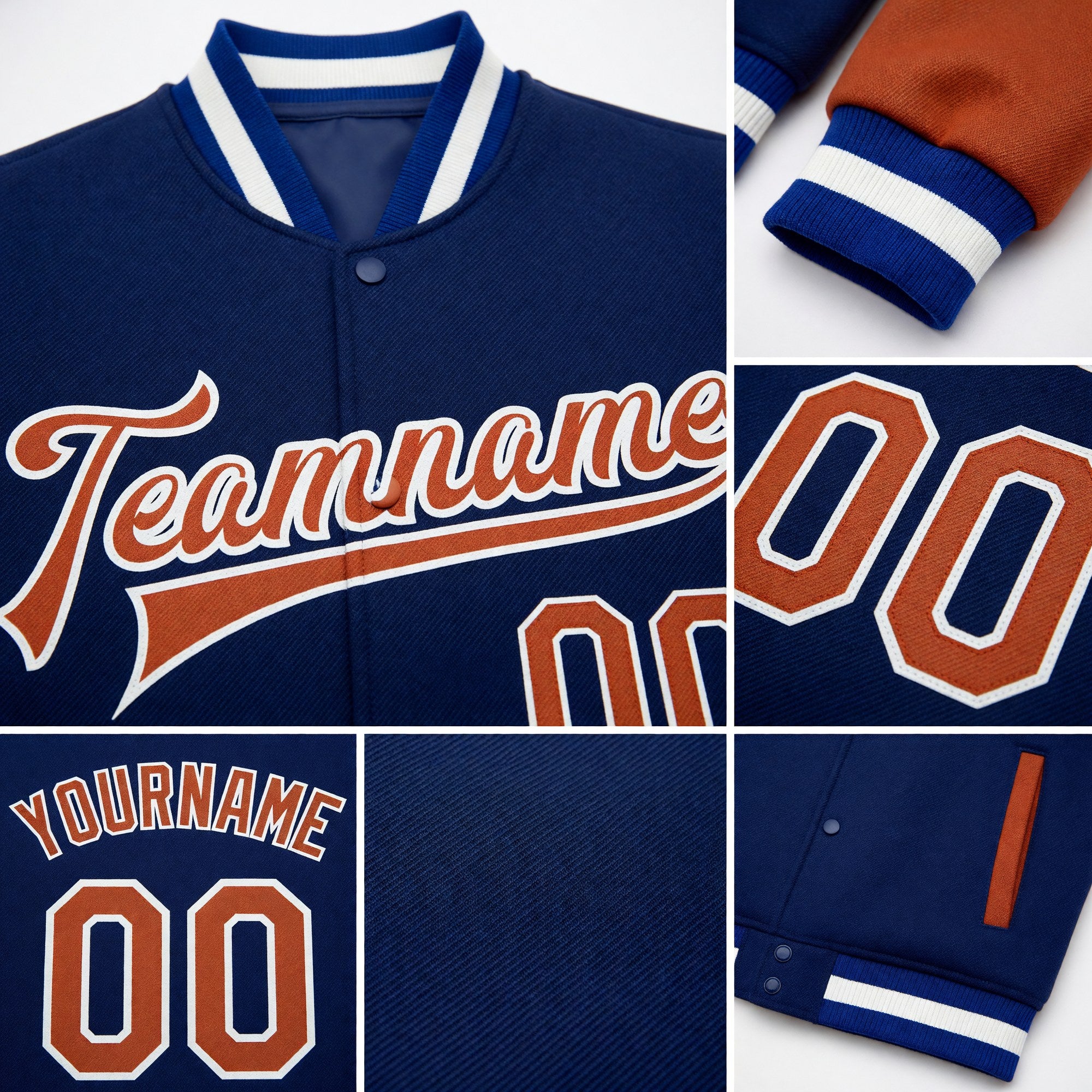 Custom Royal Texas Orange-White Bomber Full-Snap Varsity Letterman Two Tone Jacket detail