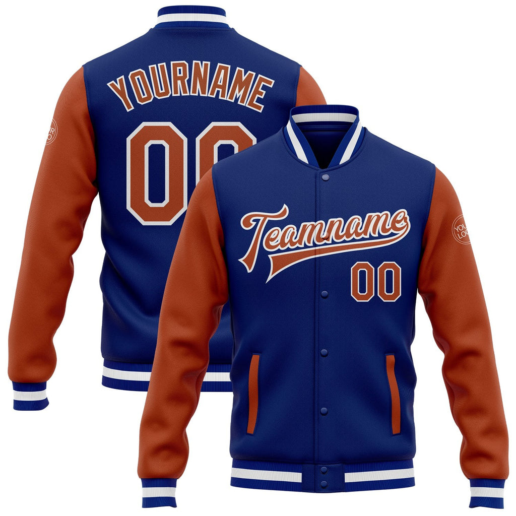 Custom Royal Texas Orange-White Bomber Full-Snap Varsity Letterman Two Tone Jacket photo 1