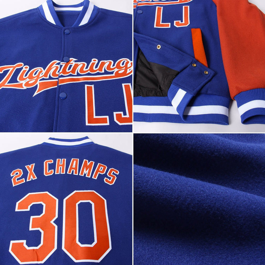 Custom Royal Texas Orange-White Bomber Full-Snap Varsity Letterman Two Tone Jacket photo 4
