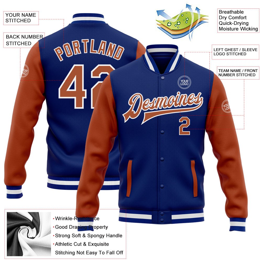 Custom Royal Texas Orange-White Bomber Full-Snap Varsity Letterman Two Tone Jacket photo 5