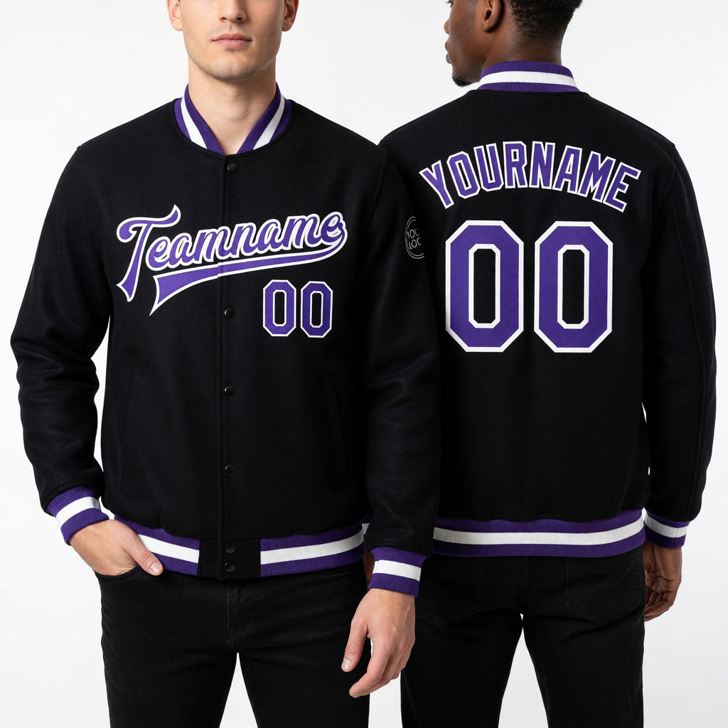 Custom Black Purple-White Bomber Full-Snap Varsity Letterman Jacket worn front and back