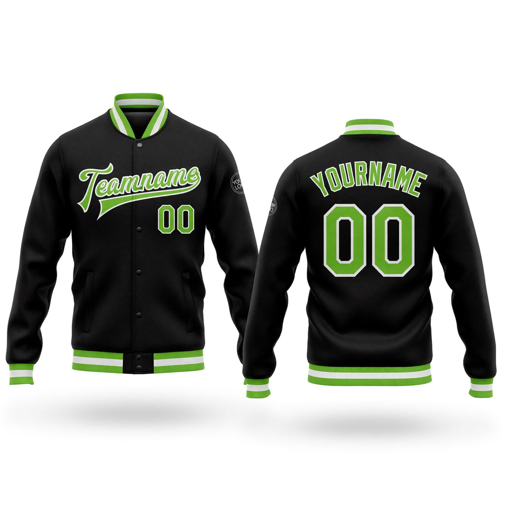 Custom Black Neon Green-White Bomber Full-Snap Varsity Letterman Jacket