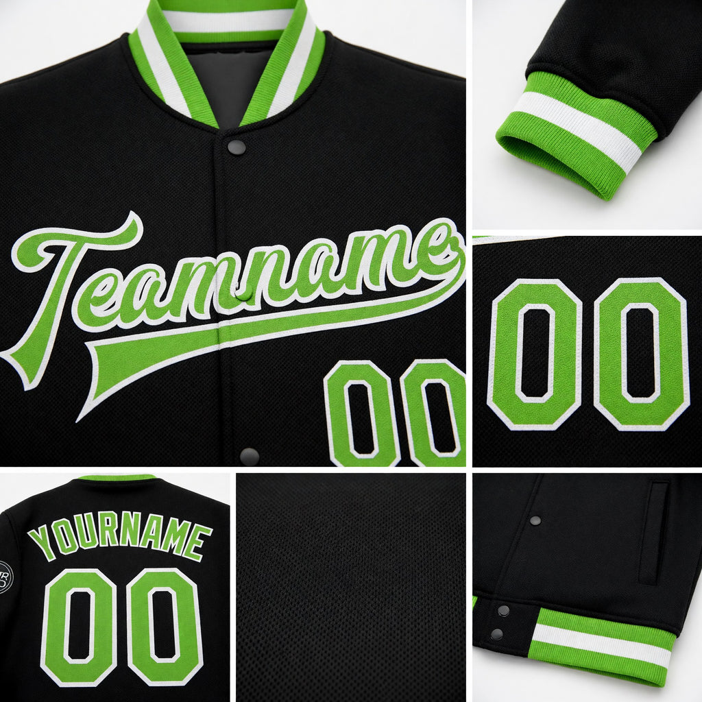 Custom Black Neon Green-White Bomber Full-Snap Varsity Letterman Jacket detail