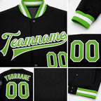 Custom Black Neon Green-White Bomber Full-Snap Varsity Letterman Jacket detail